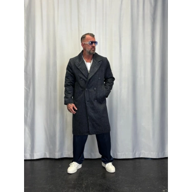 Fransız Cashmere Çizgili Palto Koyu Lacivert