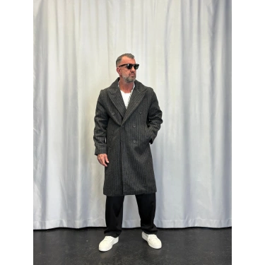 Fransız Cashmere Çizgili Palto Siyah