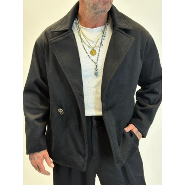 Fransız Cashmere Kruvaze Tek Düğme Kaban Siyah