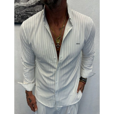 İnce Çizgili Pamuk Likralı Gömlek Beyaz