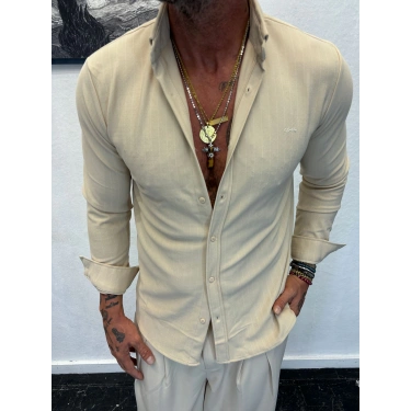 İnce Çizgili Pamuk Likralı Gömlek Krem