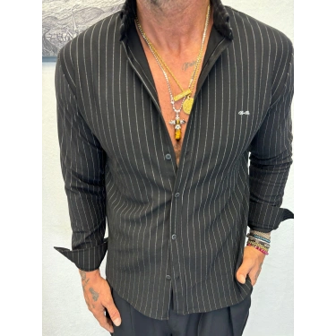 İnce Çizgili Pamuk Likralı Gömlek Siyah