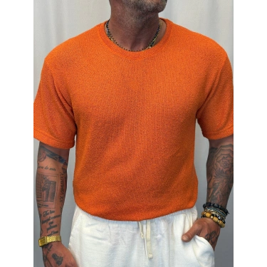 İnce Triko Bisiklet Yaka T-Shirt Turuncu