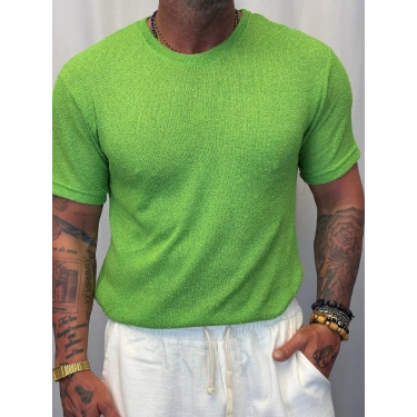 İnce Triko Bisiklet Yaka T-Shirt Yeşil