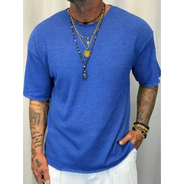 İnce Triko Oversize T-Shirt Mavi