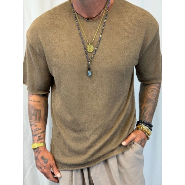 İnce Triko Oversize T-Shirt Vizon