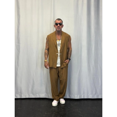 İpek Desenli Düğme Detaylı Takım Kahverengi