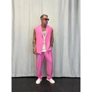 İpek Desenli Düğme Detaylı Takım Pembe