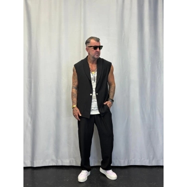 İpek Desenli Düğme Detaylı Takım Siyah