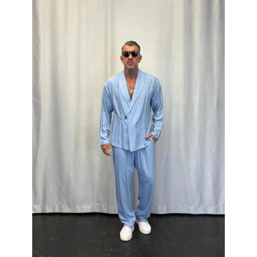 İpek Desenli Takım Elbise Açık Mavi