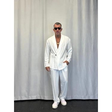 İpek Desenli Takım Elbise Beyaz