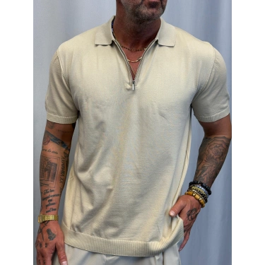 İpek Triko Fermuarlı T-Shirt Bej