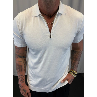 İpek Triko Fermuarlı T-Shirt Beyaz