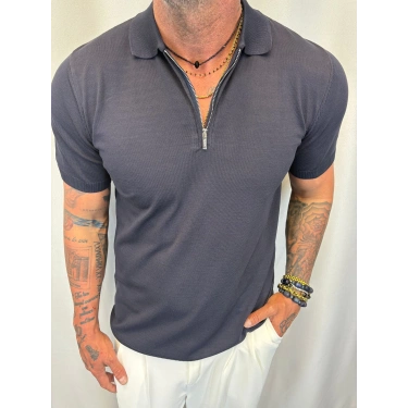 İpek Triko Fermuarlı T-Shirt Lacivert