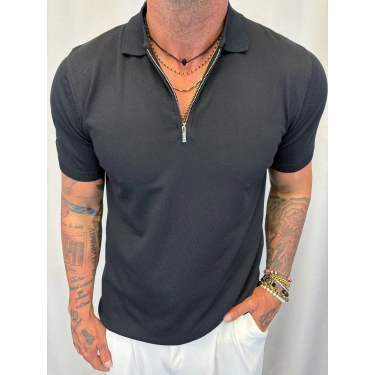 İpek Triko Fermuarlı T-Shirt Siyah