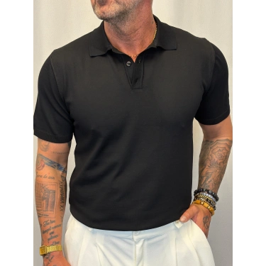 İpek Triko V Yaka Düğmeli T-Shirt Siyah