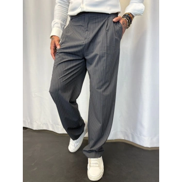 İtalyan Çizgili Pileli Pantolon Füme