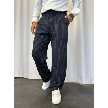 İtalyan Çizgili Pileli Pantolon Koyu Lacivert