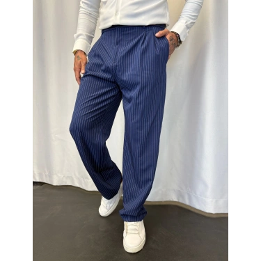 İtalyan Çizgili Pileli Pantolon Lacivert