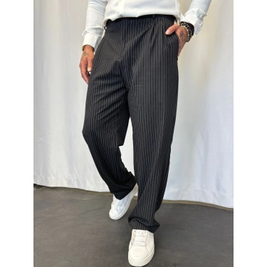 İtalyan Çizgili Pileli Pantolon Siyah