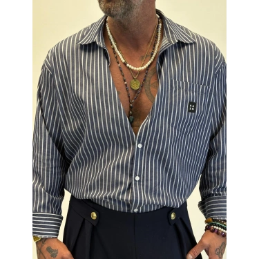 Kaen Çizgili Oversize Gömlek Antrasit