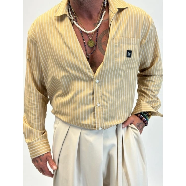 Kaen Çizgili Oversize Gömlek Camel