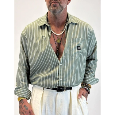 Kaen Çizgili Oversize Gömlek Haki