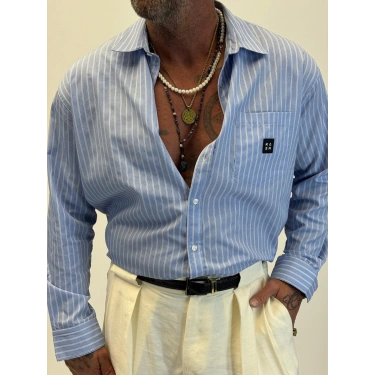 Kaen Çizgili Oversize Gömlek Mavi