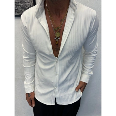 Kendinden Desenli Çizgili Gömlek Beyaz