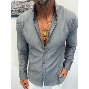 Kendinden Desenli Çizgili Gömlek Gri