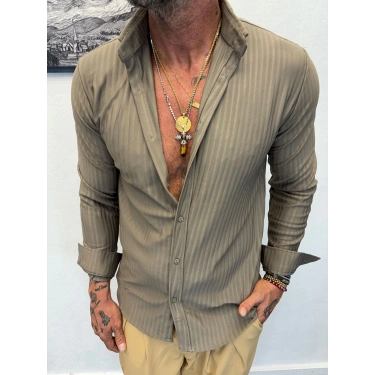 Kendinden Desenli Çizgili Gömlek Haki