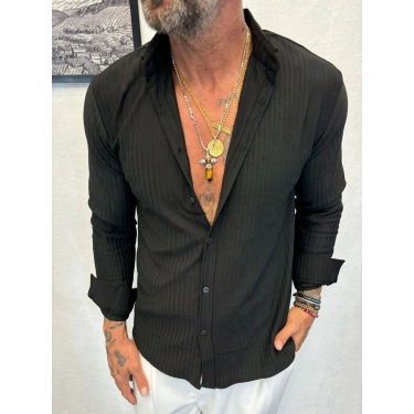 Kendinden Desenli Çizgili Gömlek Siyah