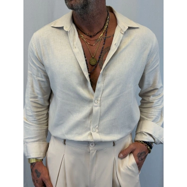 Keten Relax Fit Gömlek Bej