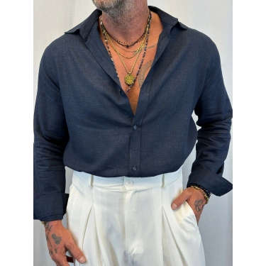 Keten Relax Fit Gömlek Lacivert