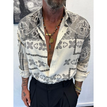 Keten Pamuk Desenli Gömlek Gri