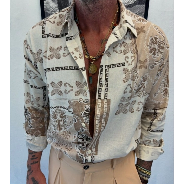 Keten Pamuk Desenli Gömlek Krem