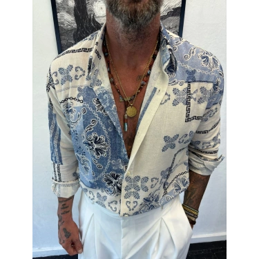 Keten Pamuk Desenli Gömlek Mavi