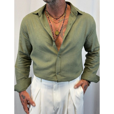 Keten Relaxf Fit Gömlek Haki