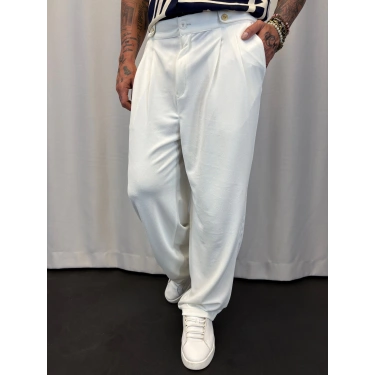 Krep Pileli Düğme Detaylı Pantolon Beyaz