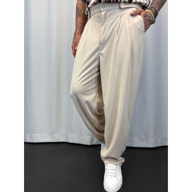 Krep Pileli Düğme Detaylı Pantolon Krem