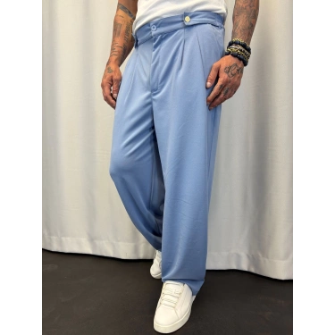 Krep Pileli Düğme Detaylı Pantolon Mavi