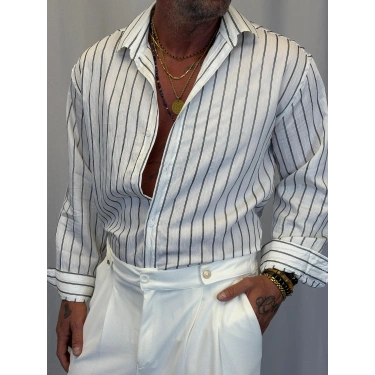 Modal Çizgili Gömlek Beyaz