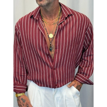 Modal Çizgili Gömlek Bordo