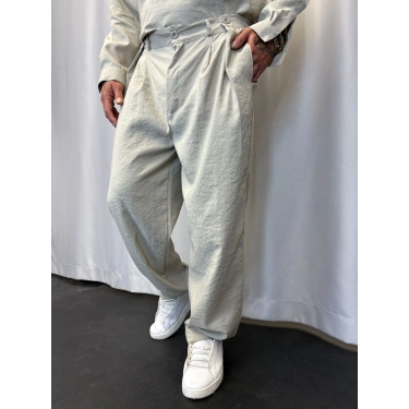 Modal Düğme Detaylı Pileli Pantolon Bej