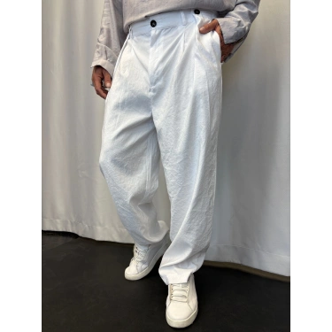 Modal Düğme Detaylı Pileli Pantolon Beyaz