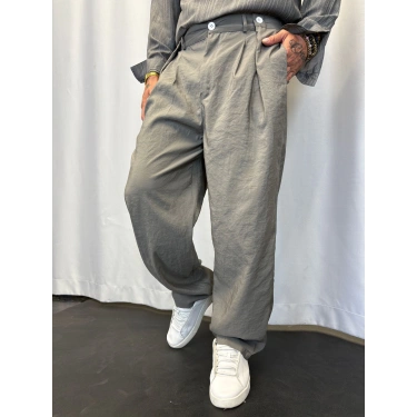 Modal Düğme Detaylı Pileli Pantolon Füme