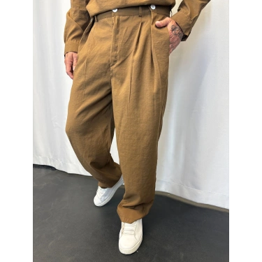 Modal Düğme Detaylı Pileli Pantolon Kahve