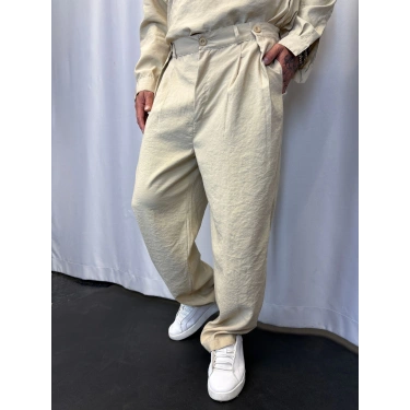 Modal Düğme Detaylı Pileli Pantolon Krem