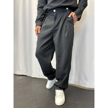 Modal Düğme Detaylı Pileli Pantolon Siyah