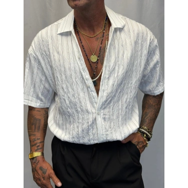 Modal Kısa Kol Çizgili Gömlek Beyaz